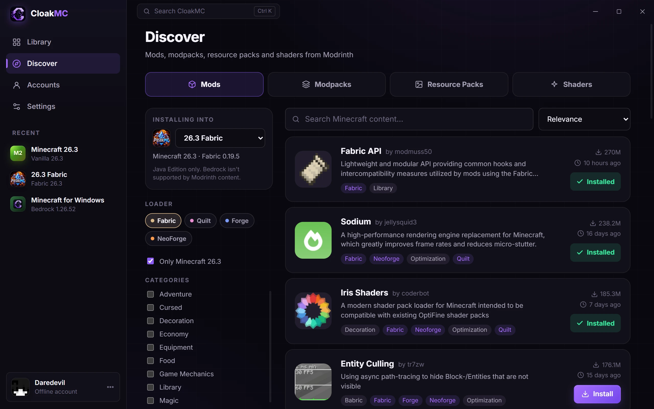 Discover page browsing Modrinth mods